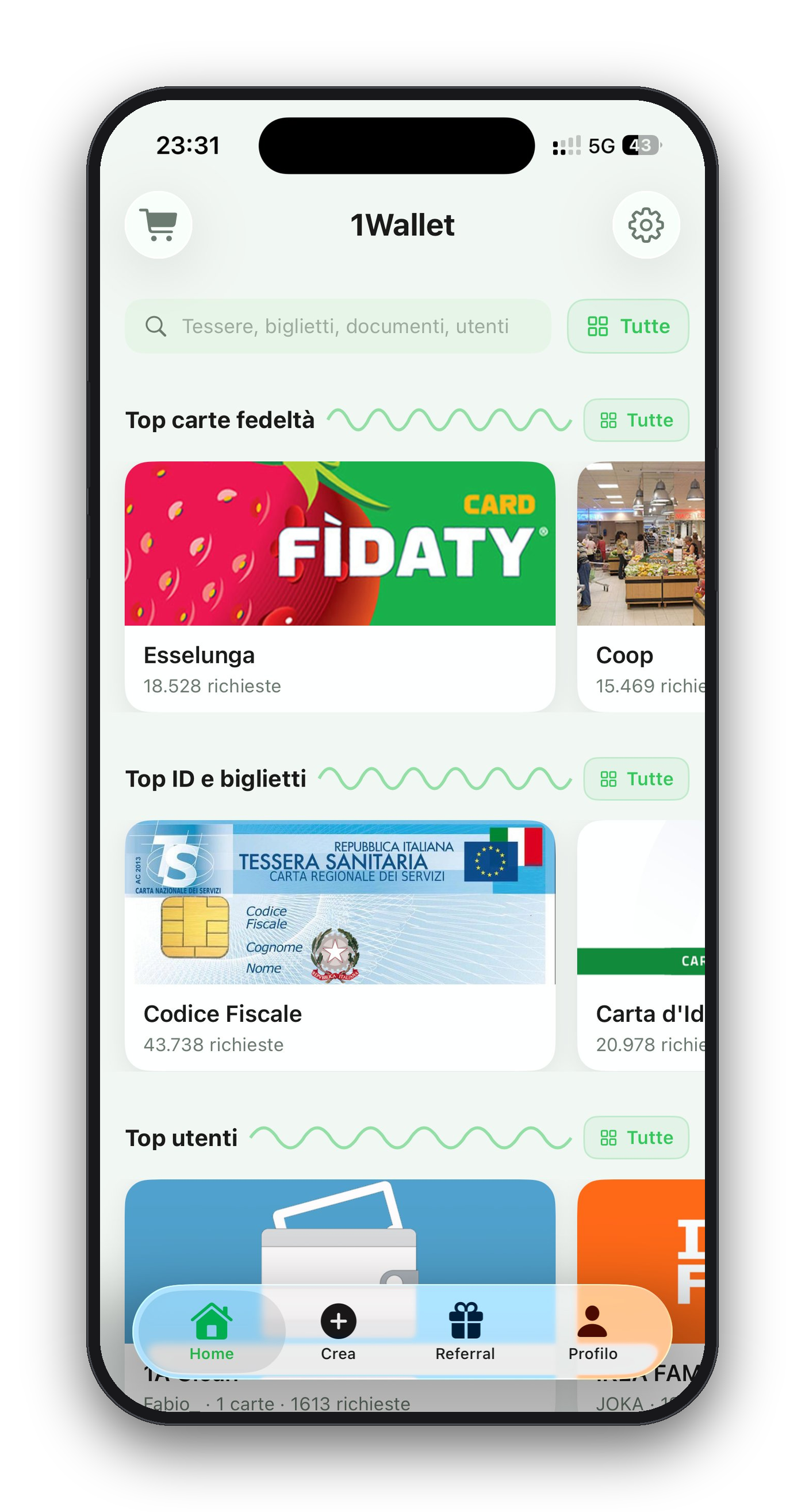 1Wallet — home tema chiaro con tessere fedeltà