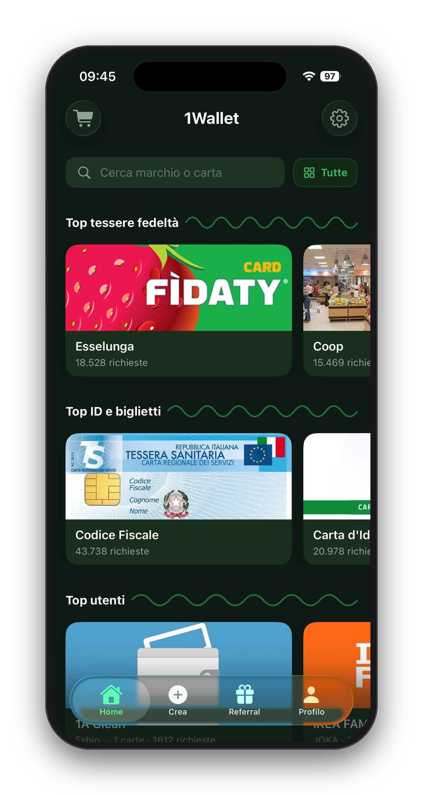 1Wallet — home tema scuro