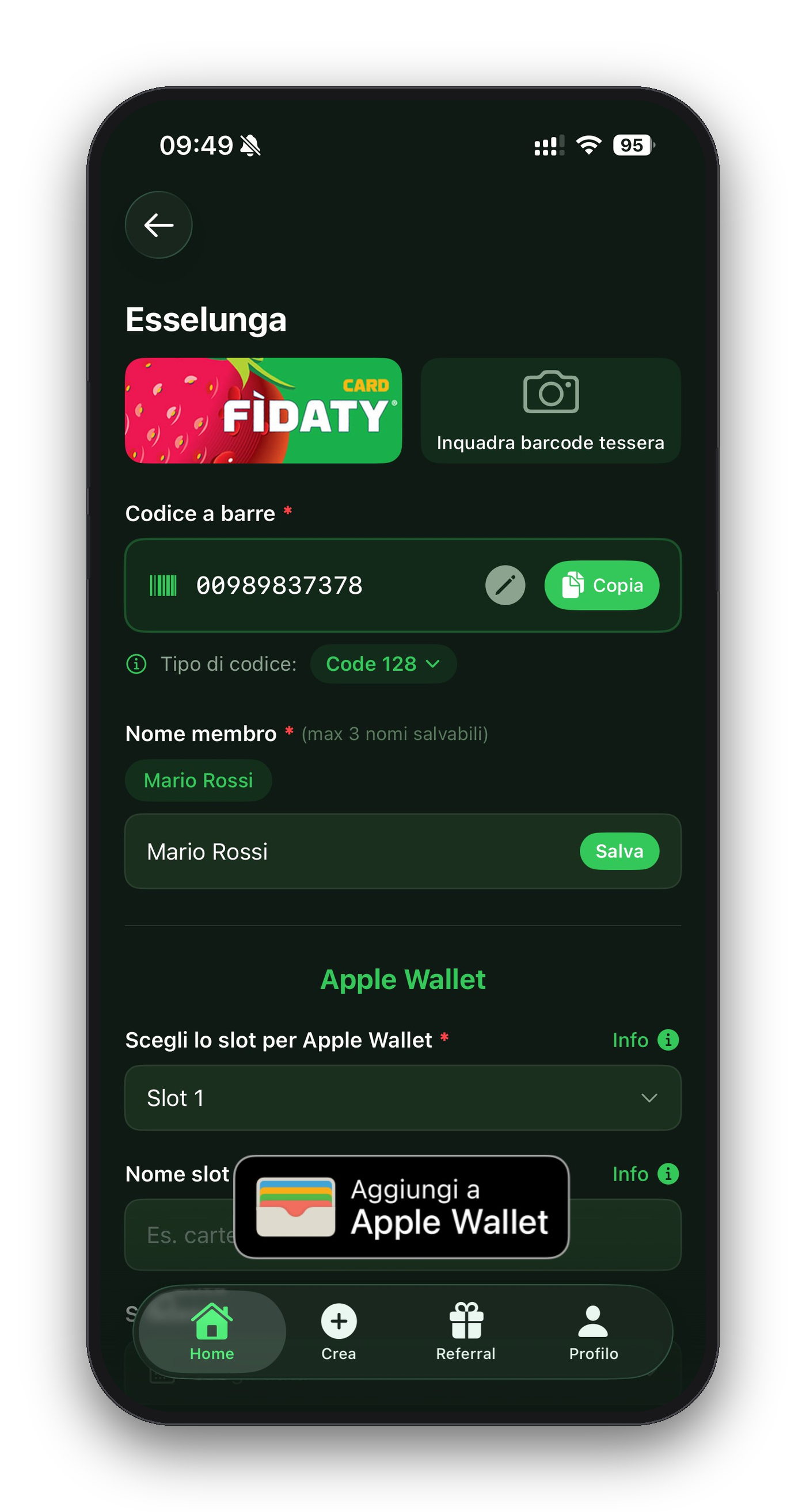 1Wallet — sheet 'Aggiungi a Apple Wallet' nativo iOS