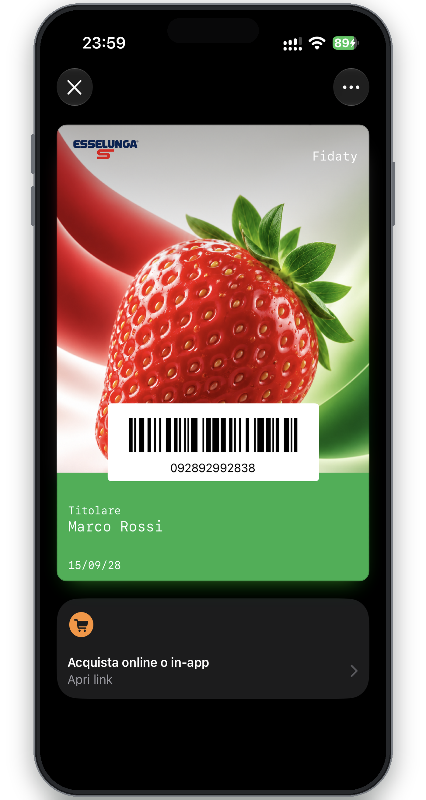 Tessera Esselunga in stile poster dentro Apple Wallet su iOS 27